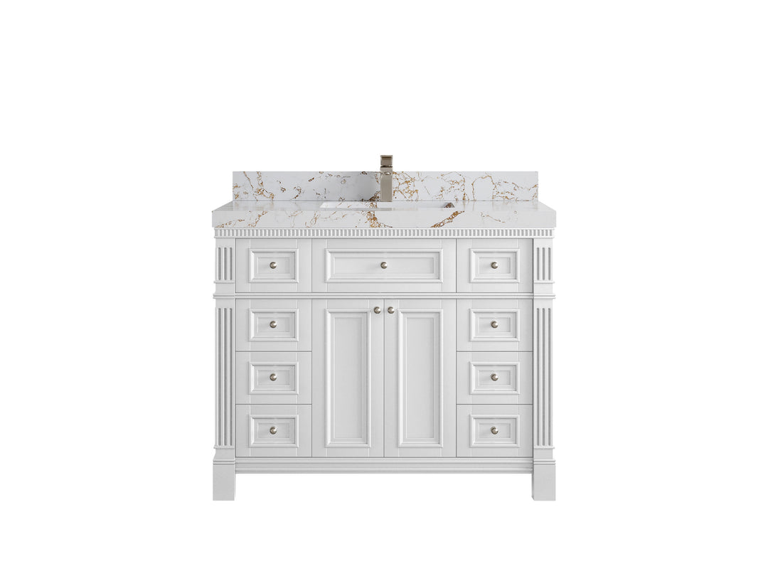 Paris 42 in. W x 22 in. D Single Sink Bathroom Vanity in White with 2 in Viola Gold Quartz Countertop