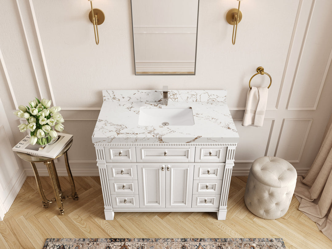 Paris 42 in. W x 22 in. D Single Sink Bathroom Vanity in White with 2 in Viola Gold Quartz Countertop – Top View