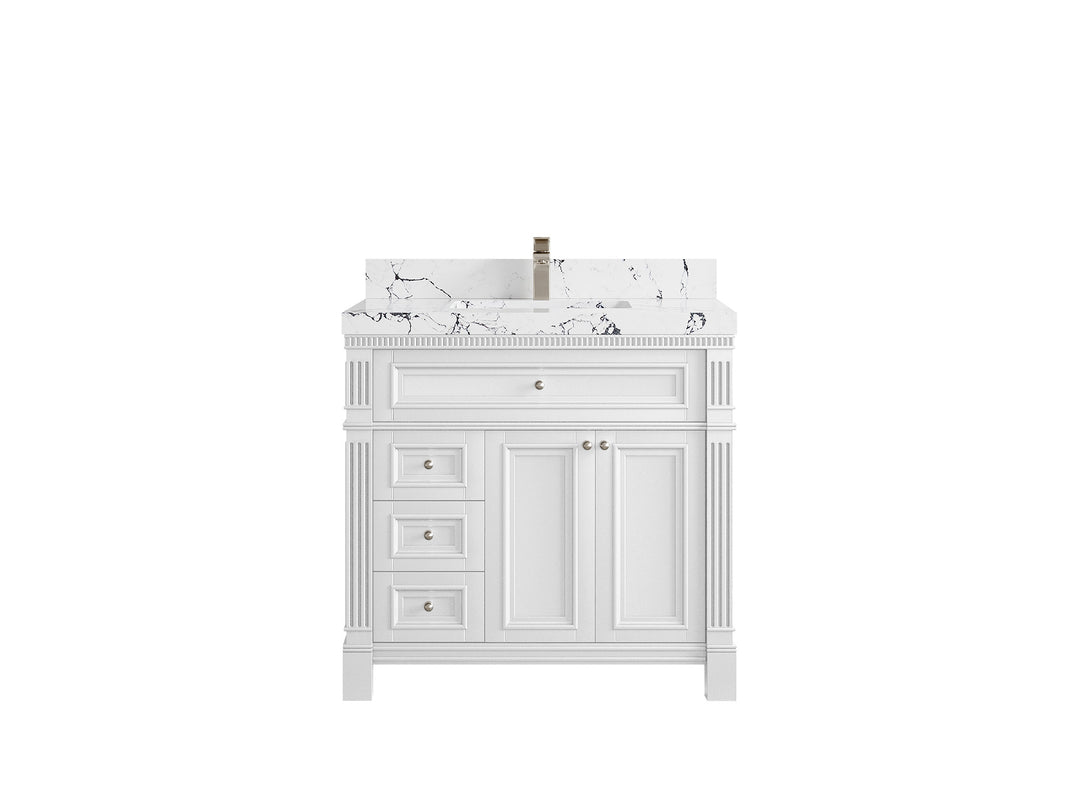 Paris 36 in. W x 22 in. D Center Sink Bathroom Vanity in White  with 2 in Viola Night Quartz Countertop