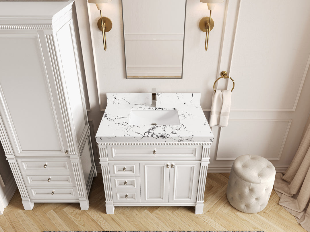 Paris 36 in. W x 22 in. D Center Sink Bathroom Vanity in White  with 2 in Viola Night Quartz Countertop – Top View