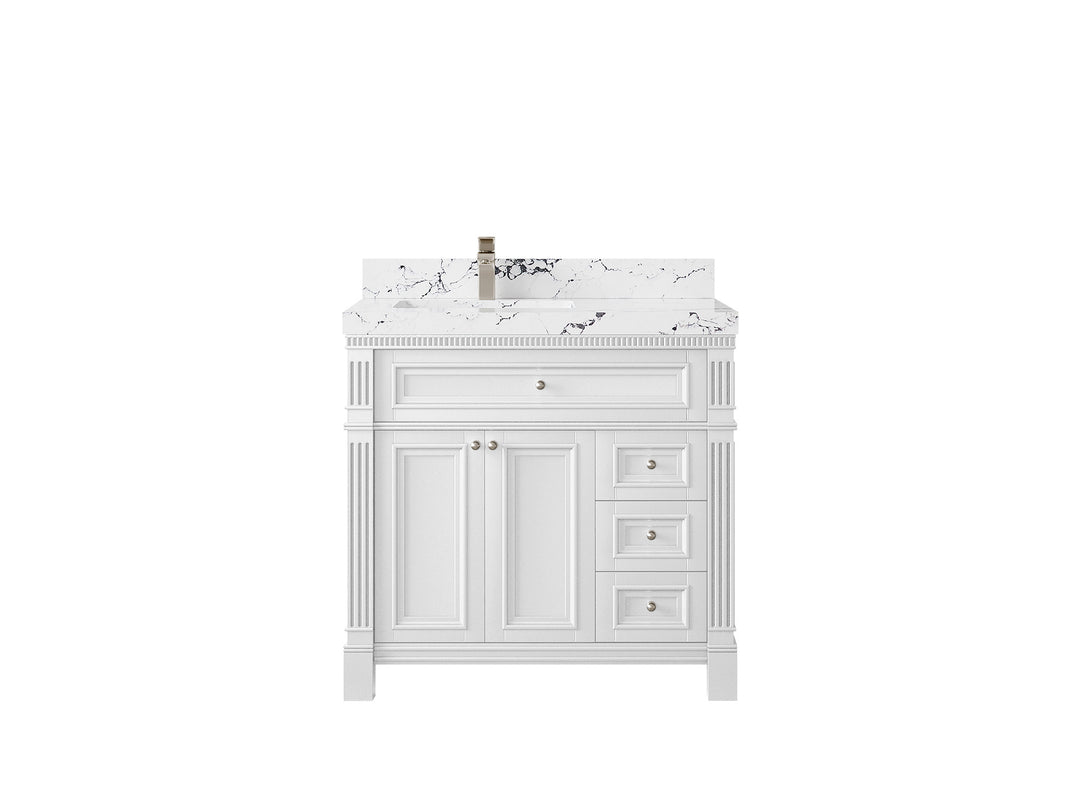 Paris 36 in. W x 22 in. D Left Offset Sink Bathroom Vanity in White with 2 in Viola Night Quartz Countertop