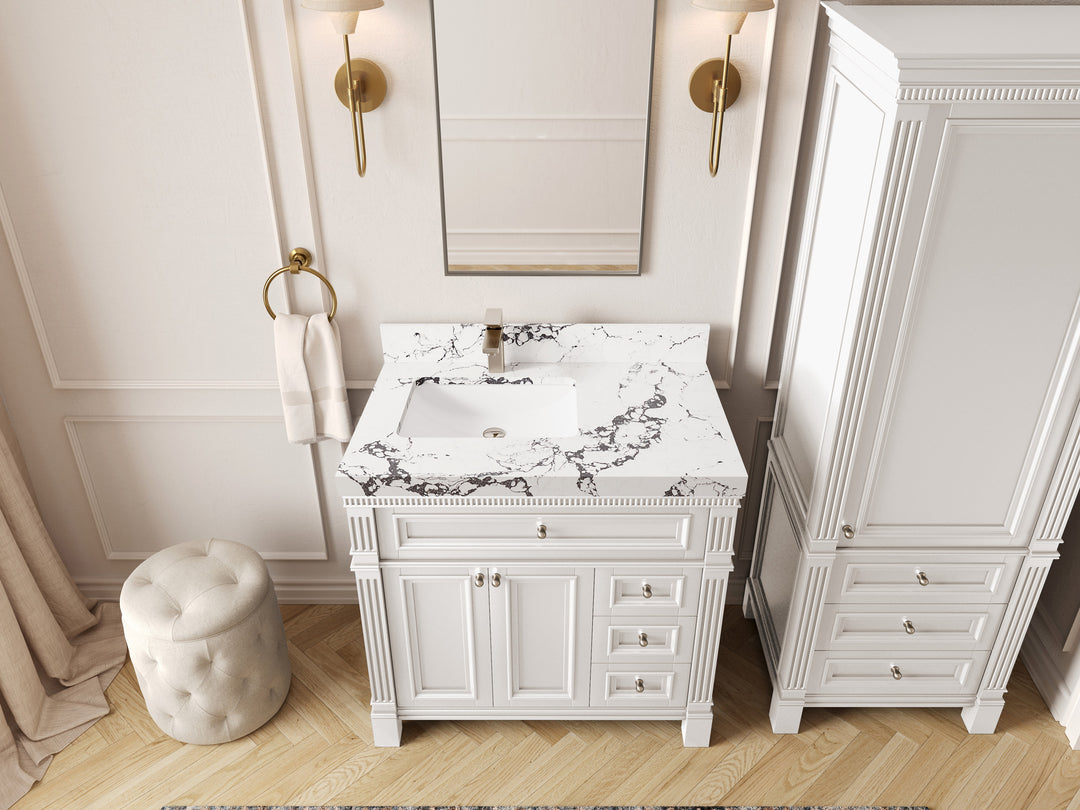 Paris 36 in. W x 22 in. D Left Offset Sink Bathroom Vanity in White with 2 in Viola Night Quartz Countertop – Top View