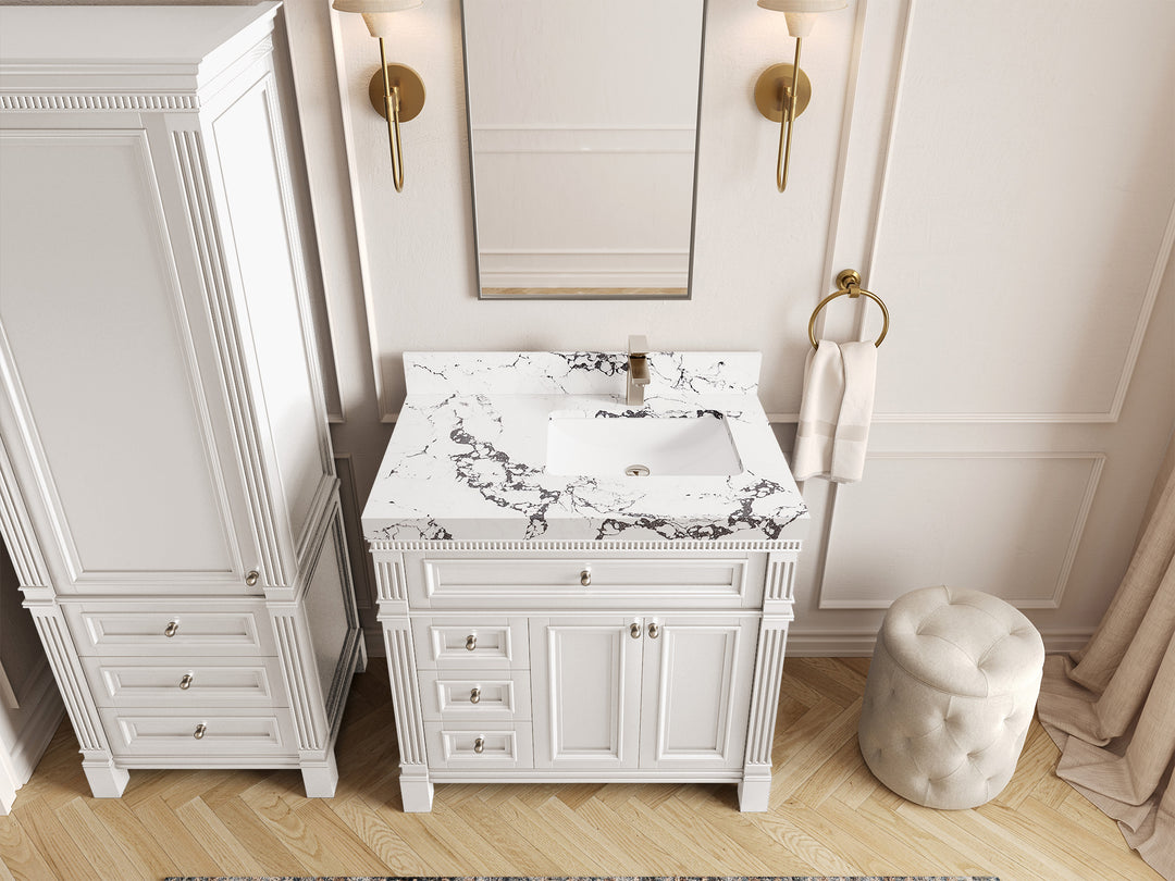 Paris 36 in. W x 22 in. D Right  Offset Sink Bathroom Vanity in White  with 2 in Viola Night Quartz Countertop – Top View