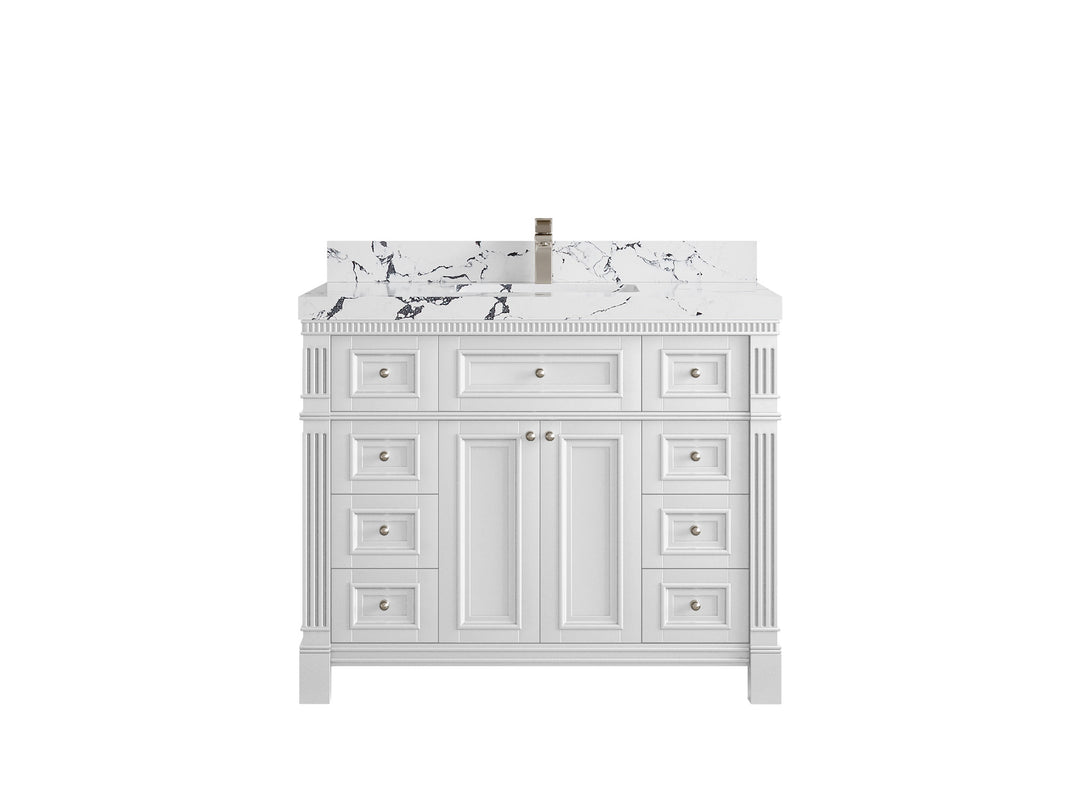 Paris 42 in. W x 22 in. D Single Sink Bathroom Vanity in White with 2 in Viola Night Quartz Countertop