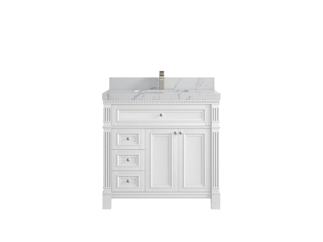 Paris 36 in. W x 22 in. D Center Sink Bathroom Vanity in White  with 2 in Venatino Quartz Countertop
