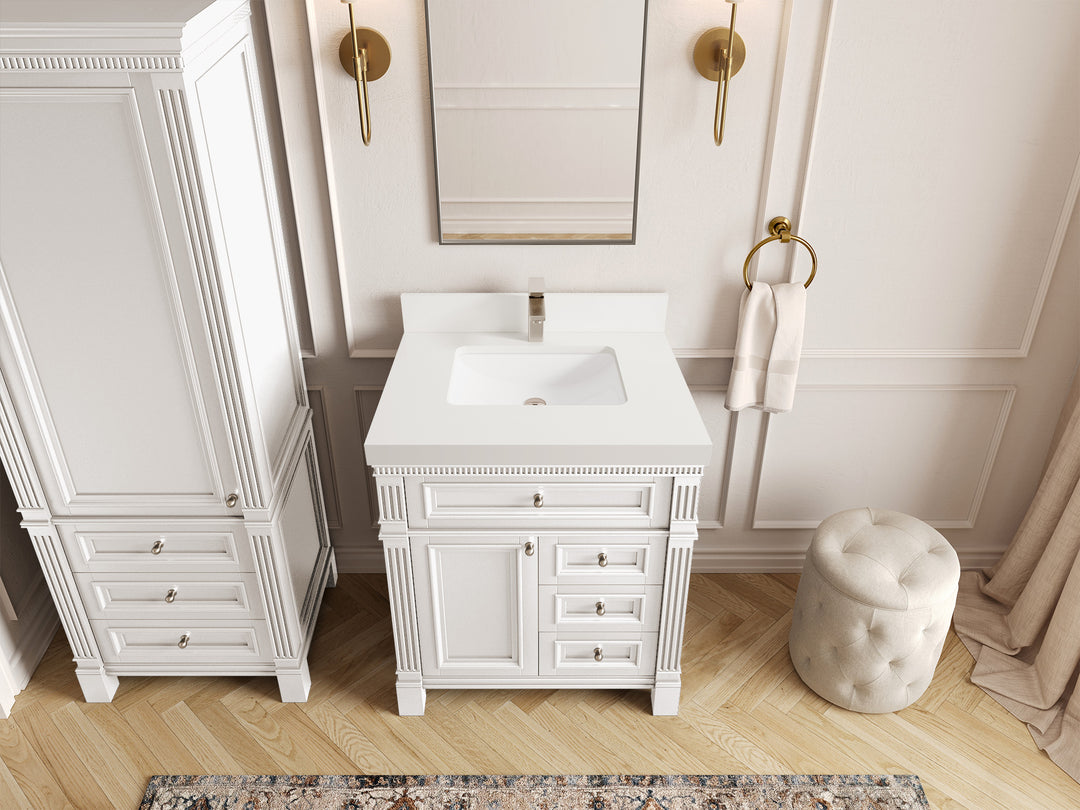 Paris 30 in. W x 22 in. D Single Sink Bathroom Vanity in White  with 2 in White Quartz Countertop – Top View