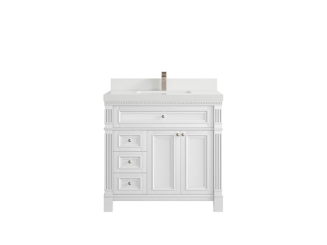 Paris 36 in. W x 22 in. D Center Sink Bathroom Vanity in White  with 2 in White Quartz Countertop