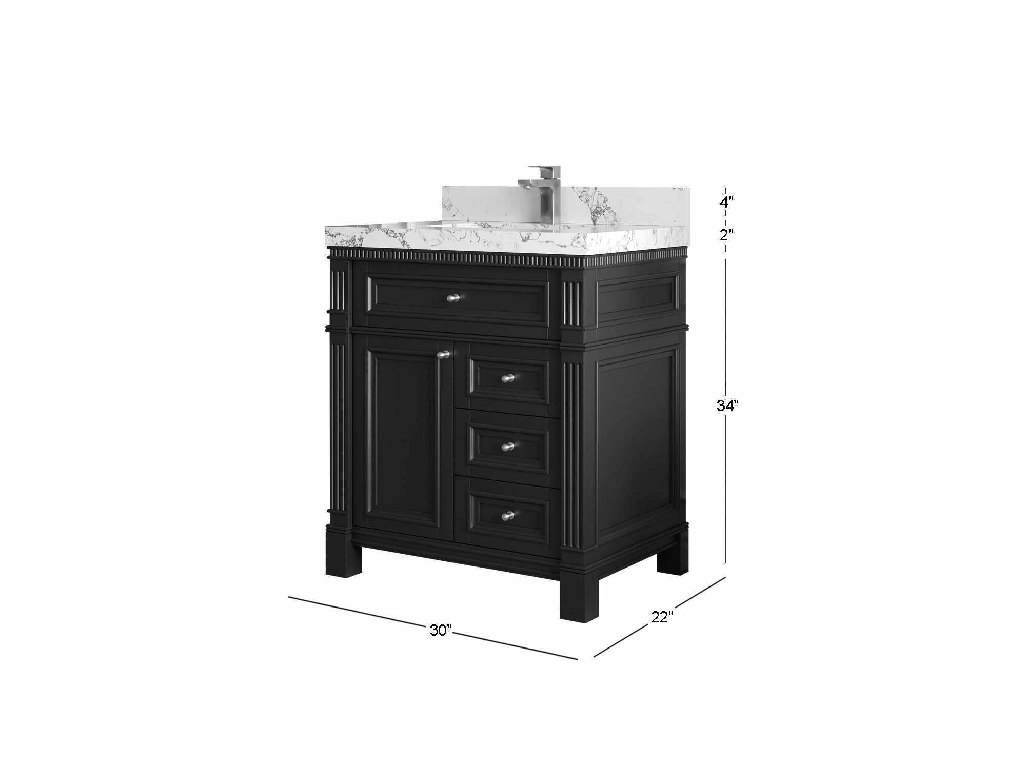 Paris 30 in. W x 22 in. D Single Sink Bathroom Vanity in White with Countertop - Dimension