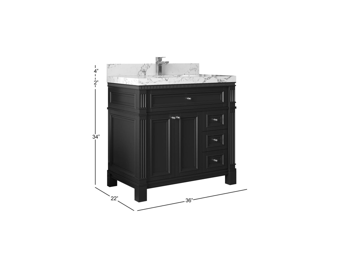Paris 36 in. W x 22 in. D Center Sink Bathroom Vanity in  White with Countertop - Full View