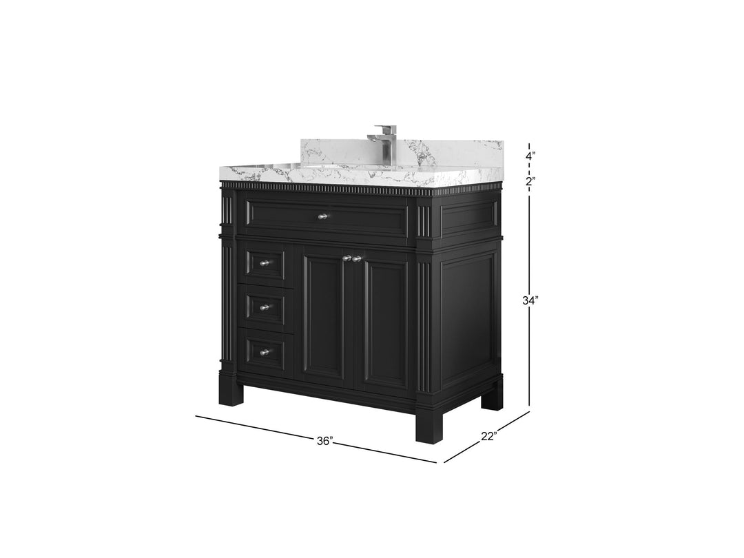 Paris 36 in. W x 22 in. D Center Sink Bathroom Vanity in  White with Countertop - Dimension