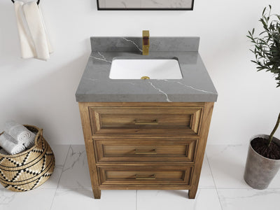 Santa Monica Teak 30 in. W x 22 in. D Single Sink Bathroom Vanity in Distressed Graywashed with 2 in Piatra Gray Quartz Countertop - Top View