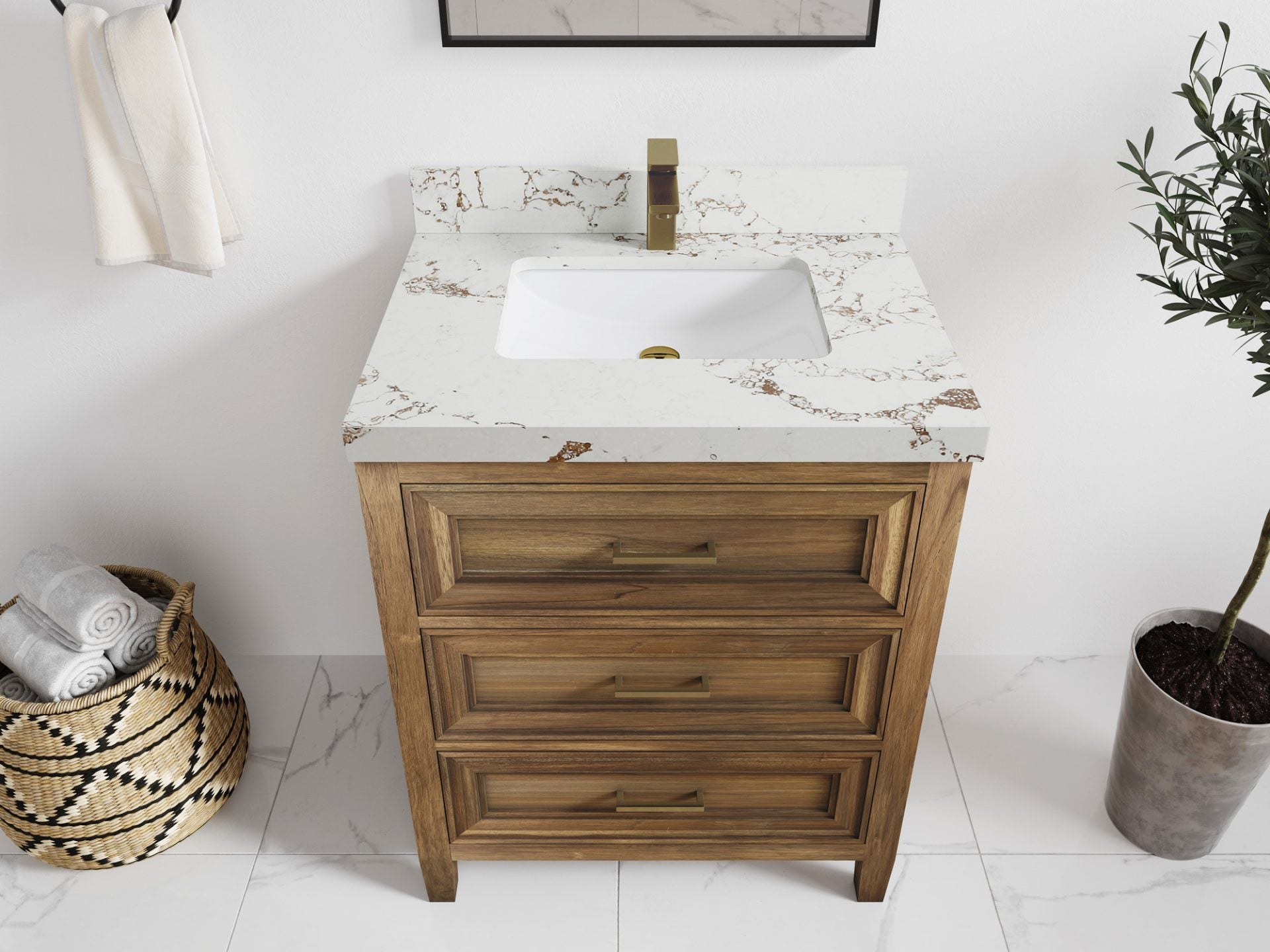 Santa Monica Teak 30 in. W x 22 in. D Single Sink Bathroom Vanity in Distressed Graywashed with 2 in Viola Gold Quartz Countertop - Top View