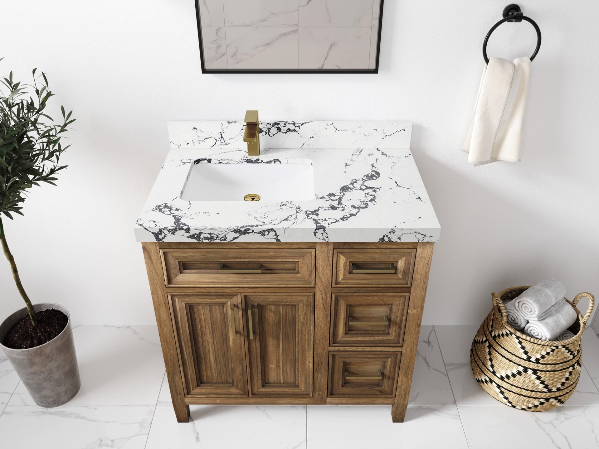 Santa Monica Teak Wood 36 in. W x 22 in. D Left Offset Sink Bathroom Vanity