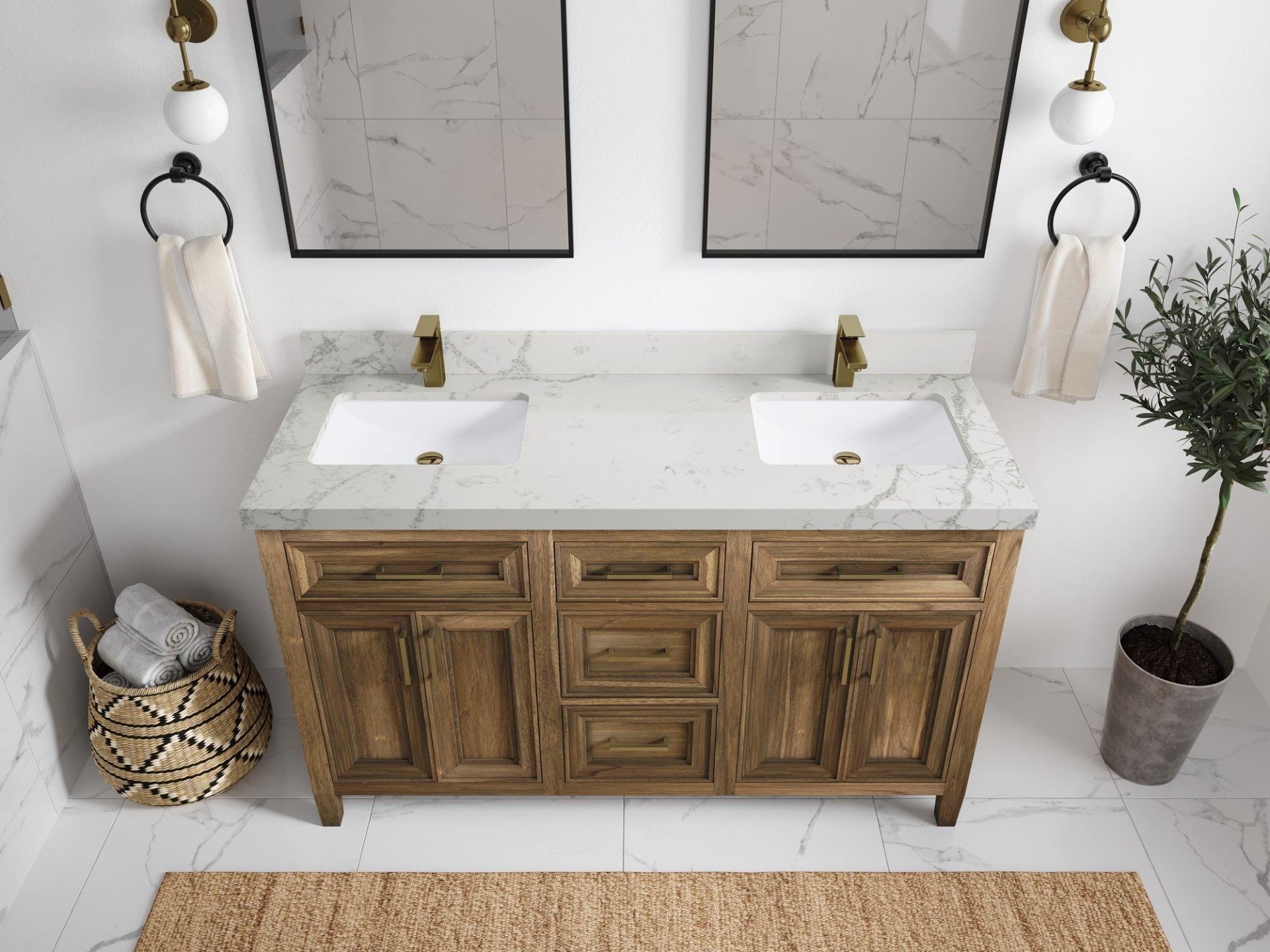 Santa Monica Teak Wood 60 in. W x 22 in. D Double Sink Bathroom Vanity