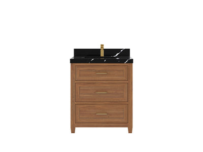 Santa Monica Teak 30 in. W x 22 in. D Single Sink Bathroom Vanity in Dark Natural with 2 in Calacatta Black Quartz Countertop