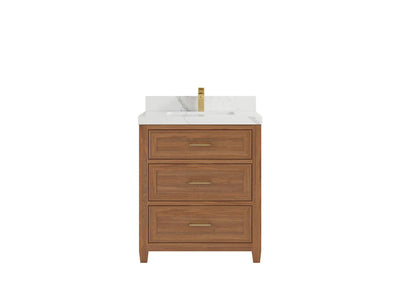 Santa Monica Teak 30 in. W x 22 in. D Single Sink Bathroom Vanity in Dark Natural with 2 in Calacatta Laza Quartz Countertop