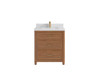 Santa Monica Teak 30 in. W x 22 in. D Single Sink Bathroom Vanity in Dark Natural with 2 in Calacatta Sienna Quartz Countertop
