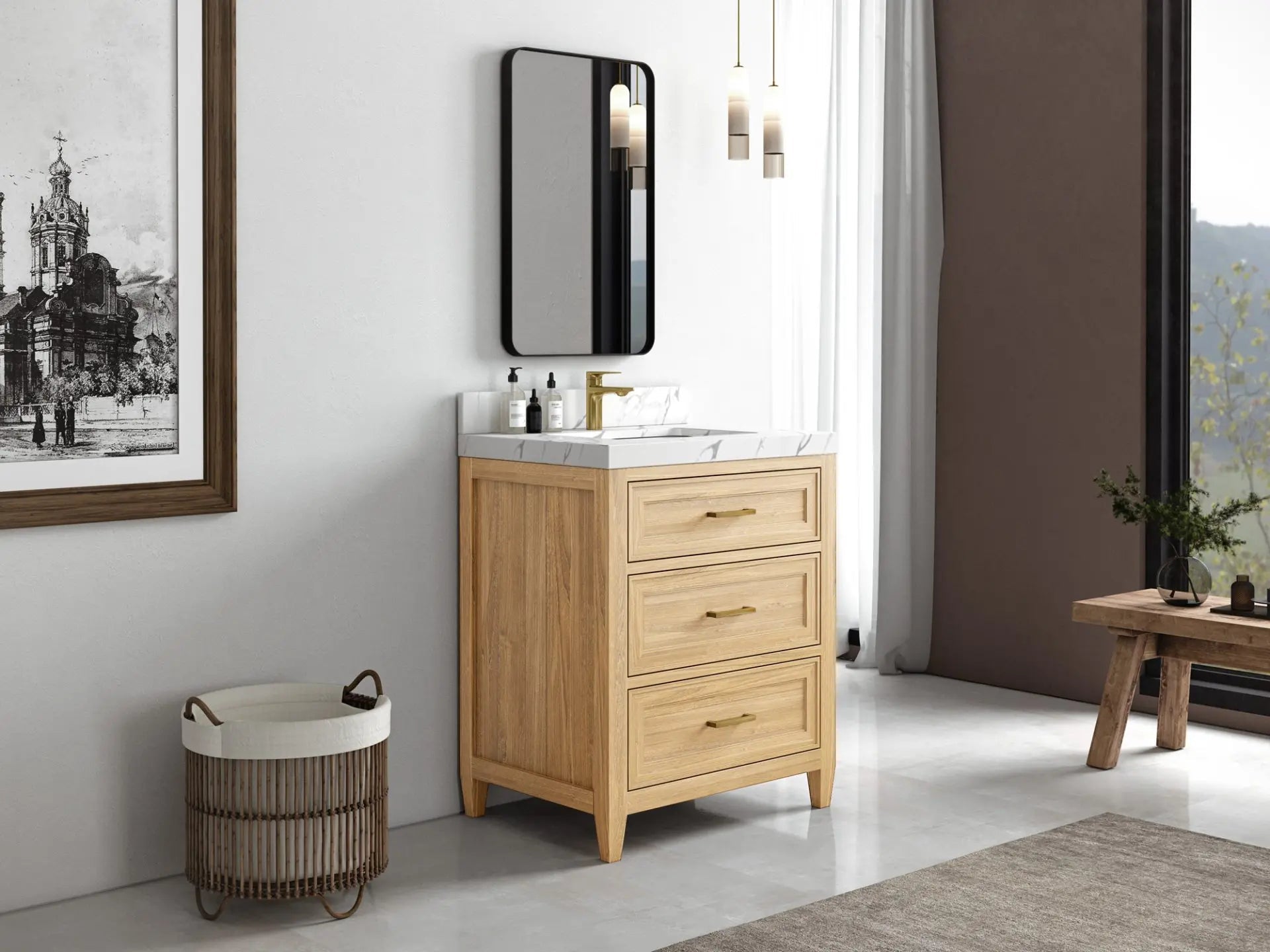 Santa Monica Teak 30 in. W x 22 in. D Single Sink Bathroom Vanity in Light Natural with Countertop - Side View