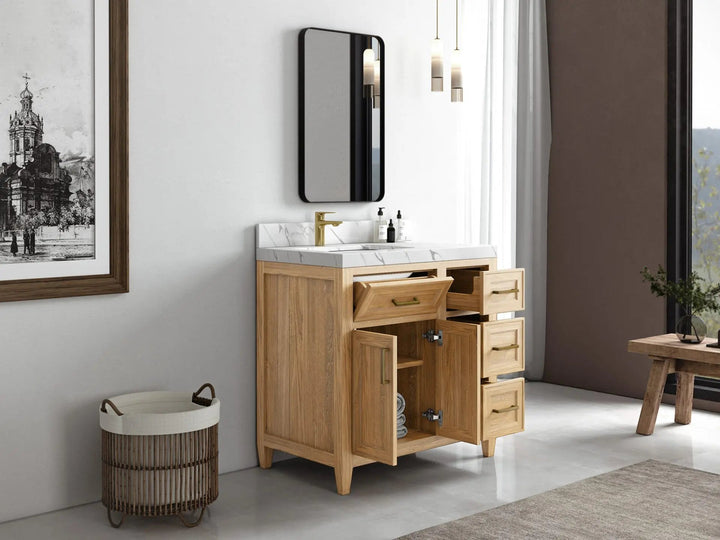 Santa Monica Teak Wood 36 in. W x 22 in. D Left Offset Sink Bathroom Vanity - photo 3