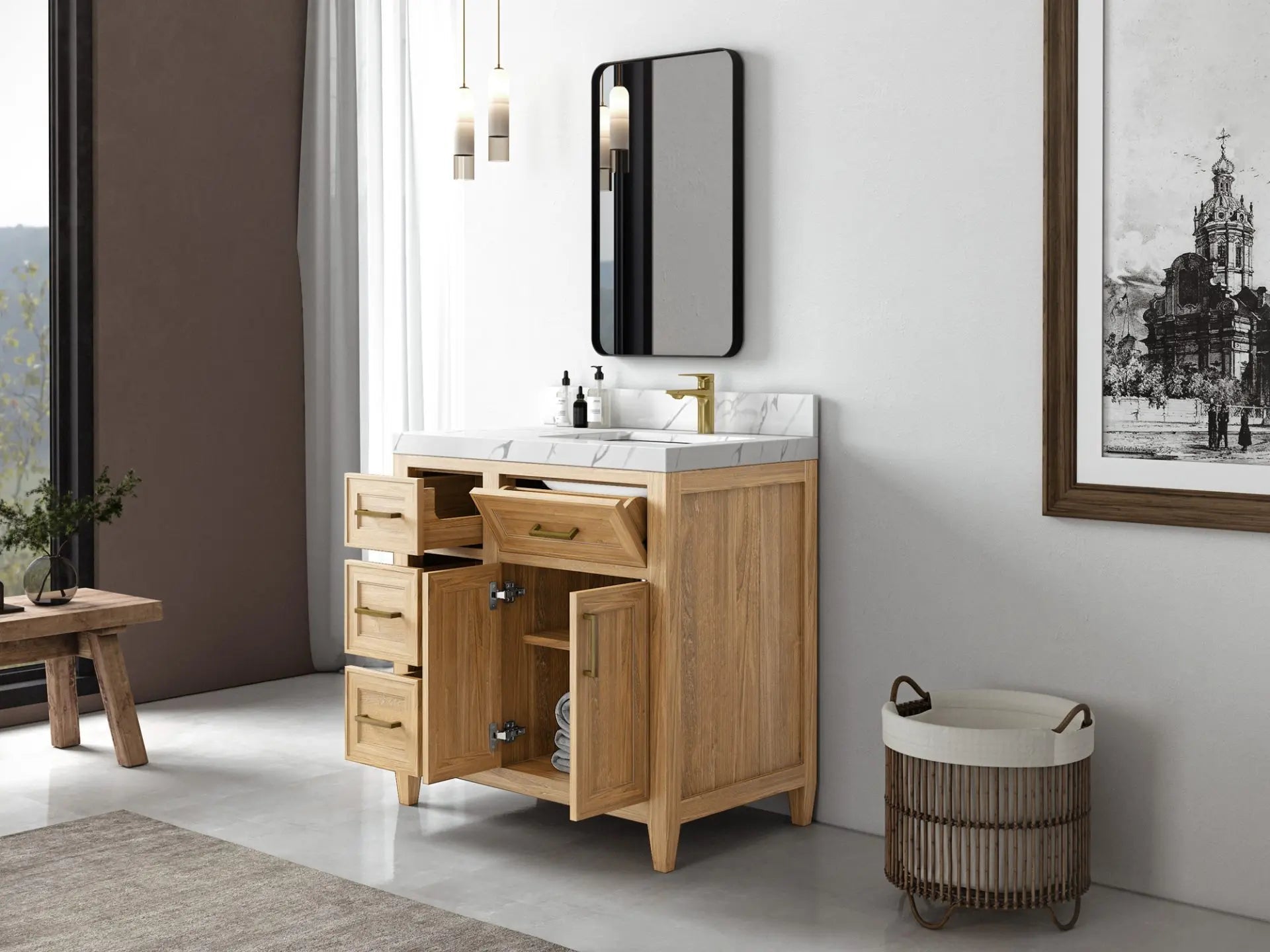 Santa Monica Teak Wood 36 in. W x 22 in. D Right Offset Sink Bathroom Vanity