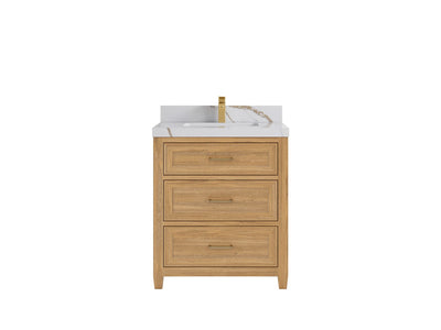 Santa Monica Teak 30 in. W x 22 in. D Single Sink Bathroom Vanity in Light Natural with 2 in Calacatta Gold Quartz Countertop
