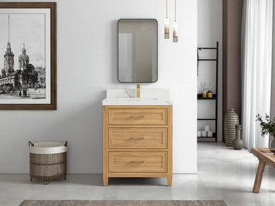 Santa Monica Teak 30 in. W x 22 in. D Single Sink Bathroom Vanity in Light Natural with Countertop - Side View Open Drawer