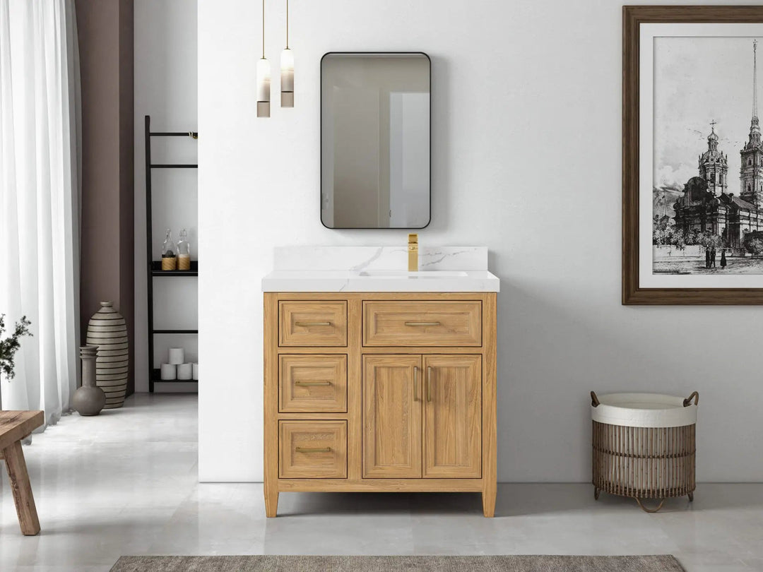 Santa Monica Teak Wood 36 in. W x 22 in. D Right Offset Sink Bathroom Vanity