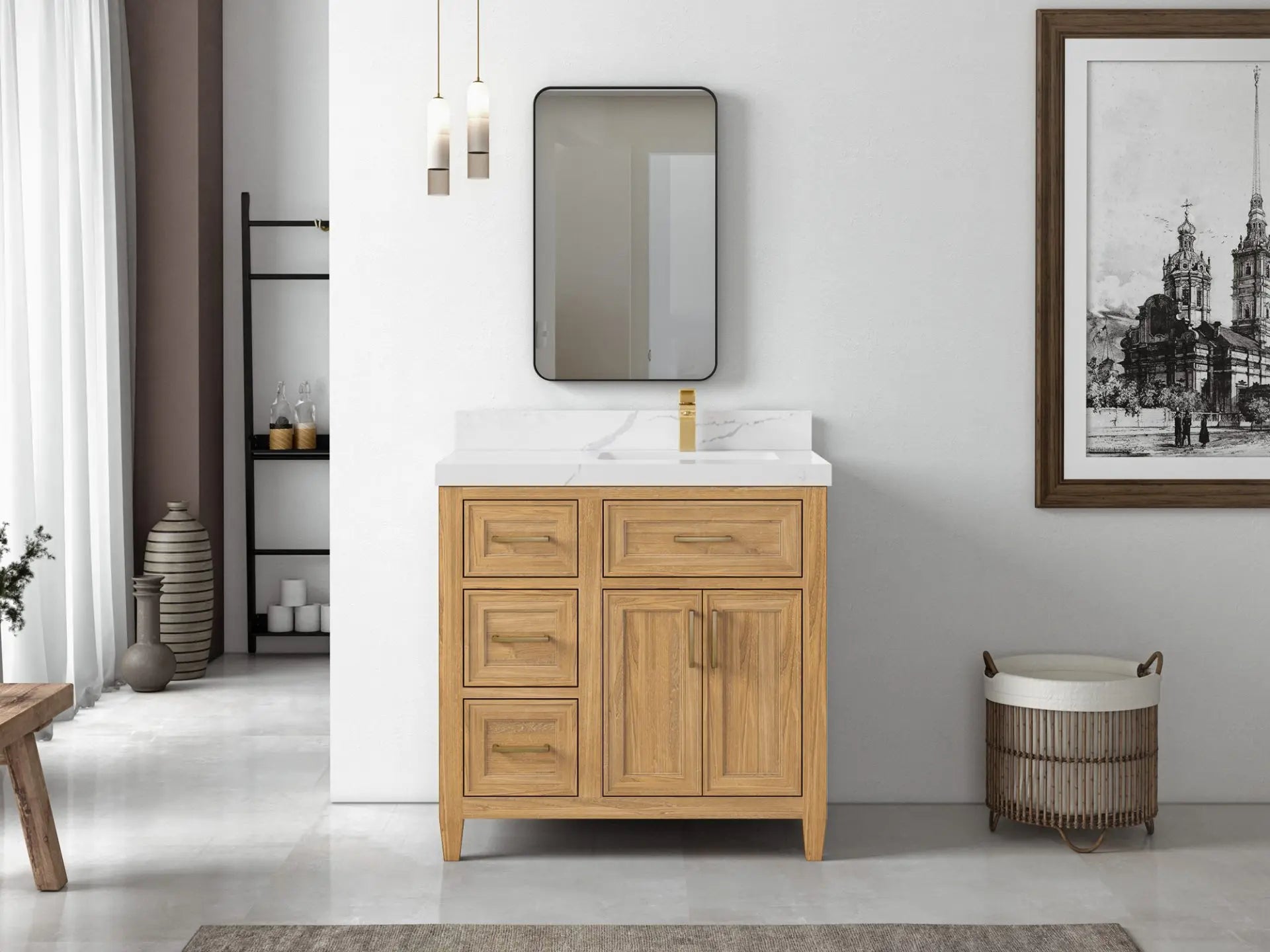 Santa Monica Teak Wood 36 in. W x 22 in. D Right Offset Sink Bathroom Vanity