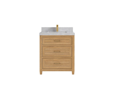 Santa Monica Teak 30 in. W x 22 in. D Single Sink Bathroom Vanity in Light Natural with 2 in Pearl Light Gray Quartz Countertop