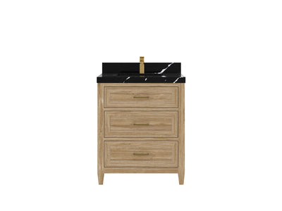 Santa Monica Teak 30 in. W x 22 in. D Single Sink Bathroom Vanity in Whitewashed with 2 in Calacatta Black Quartz Countertop