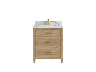 Santa Monica Teak 30 in. W x 22 in. D Single Sink Bathroom Vanity in Whitewashed with 2 in Calacatta Gold Quartz Countertop