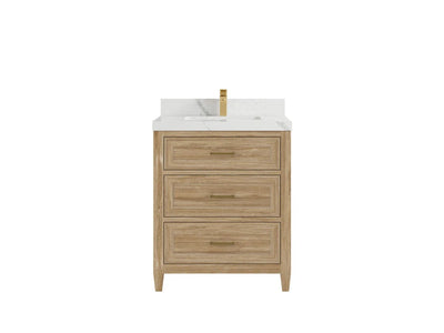 Santa Monica Teak 30 in. W x 22 in. D Single Sink Bathroom Vanity in Whitewashed with 2 in Calacatta Laza Quartz Countertop