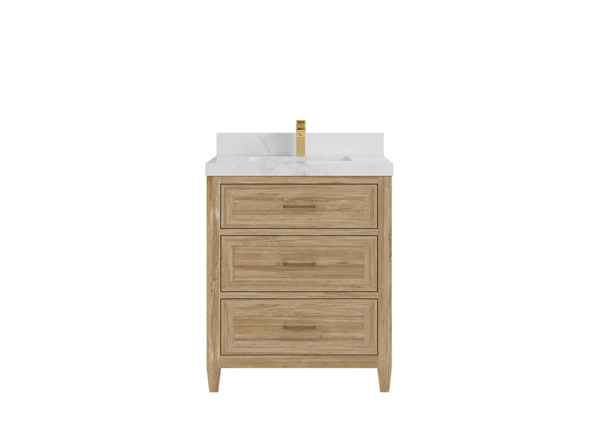 Santa Monica Teak 30 in. W x 22 in. D Single Sink Bathroom Vanity in Whitewashed with 2 in Calacatta Nuvo Quartz Countertop
