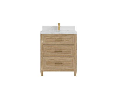 Santa Monica Teak 30 in. W x 22 in. D Single Sink Bathroom Vanity in Whitewashed with 2 in Calacatta Nuvo Quartz Countertop