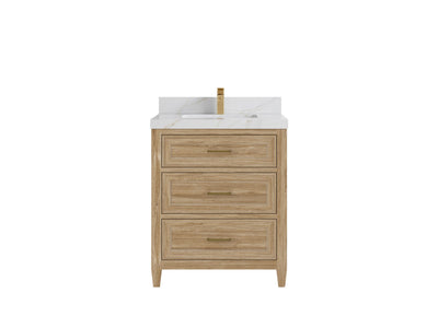 Santa Monica Teak 30 in. W x 22 in. D Single Sink Bathroom Vanity in Whitewashed with 2 in Calacatta Sienna Quartz Countertop