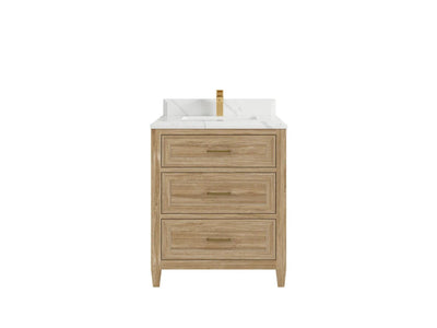 Santa Monica Teak 30 in. W x 22 in. D Single Sink Bathroom Vanity in Whitewashed with 1.5 in Double Cove Edge Calacatta Laza Quartz Countertop