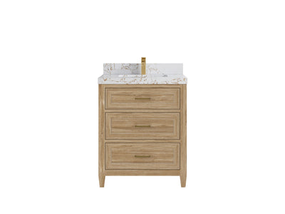 Santa Monica Teak 30 in. W x 22 in. D Single Sink Bathroom Vanity in Whitewashed with 2 in Viola Gold Quartz Countertop