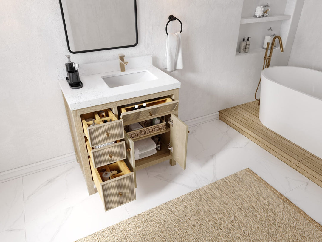 Sonoma Oak 36 in. W x 22 in. D Right Offset Sink Bathroom Vanity in Dark Natural with countertop - Side View Open