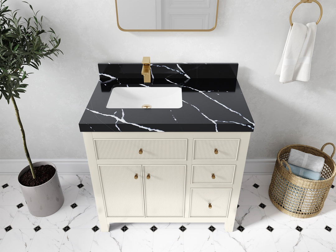 Sonoma 36 in. W x 22 in. D Left Offset Sink Bathroom Vanity in Alabaster with 2 in. Calacatta Black Quartz Countertop - Top View