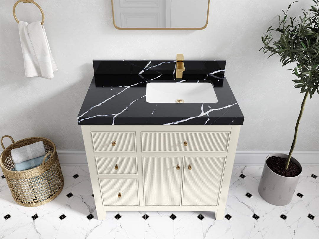 Sonoma 36 in. W x 22 in. D Right Offset Sink Bathroom Vanity in Alabaster with 2 in. Calacatta Black Quartz Countertop - Top View