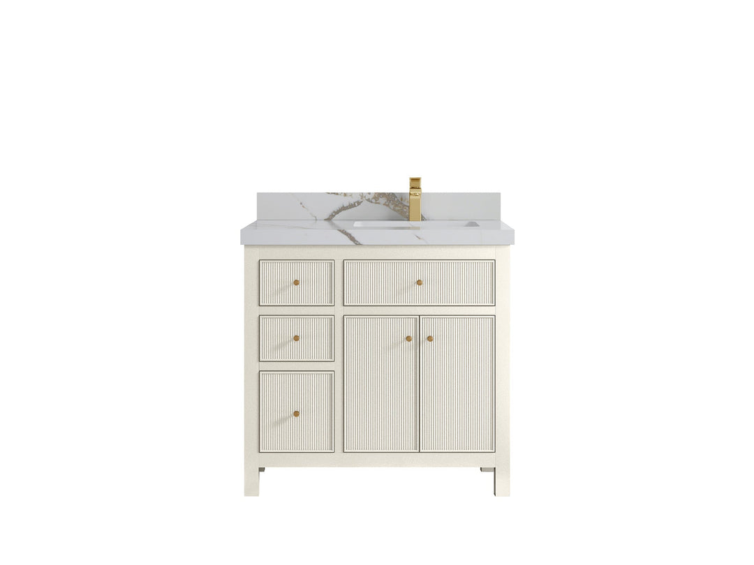 Sonoma 36 in. W x 22 in. D Right Offset Sink Bathroom Vanity in Alabaster with 2 in. Calacatta Gold Quartz Countertop