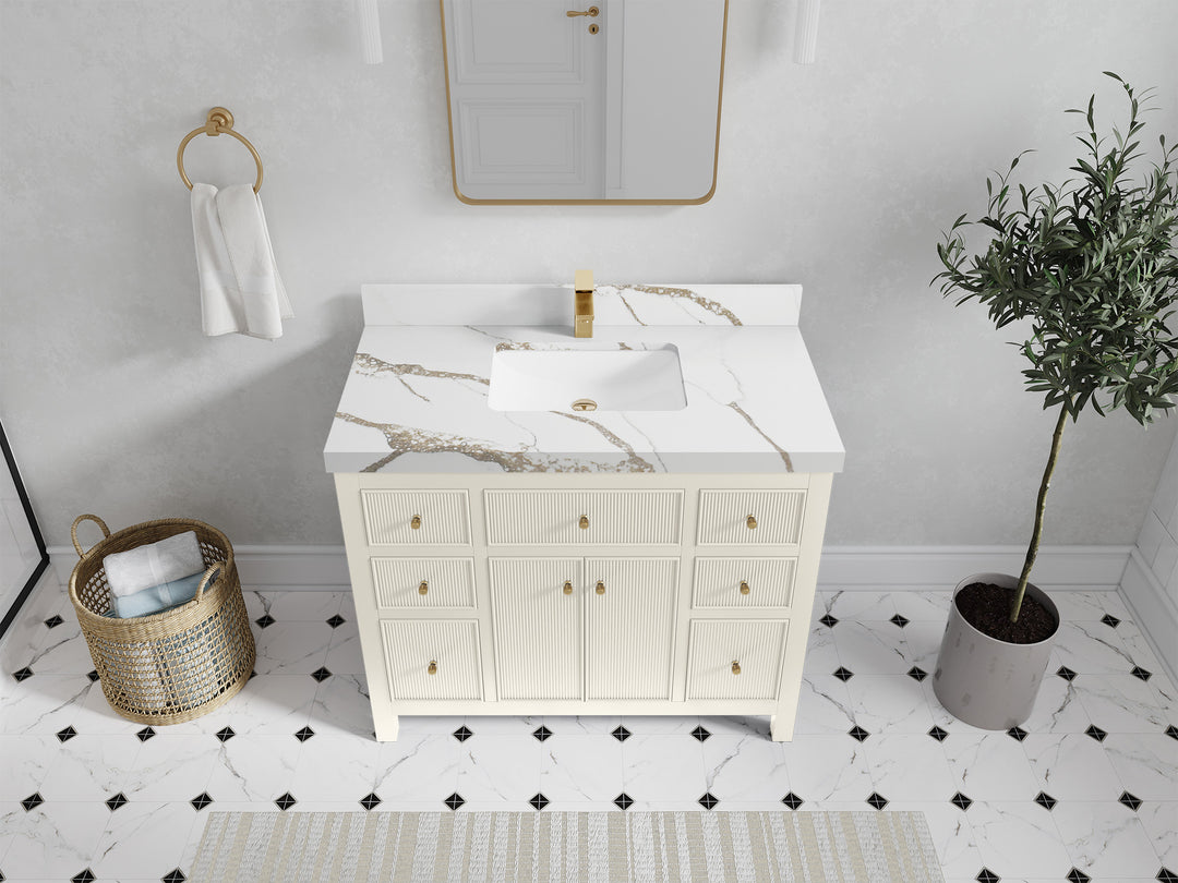 Sonoma 42 in. W x 22 in. D Single Sink Bathroom Vanity in Alabaster with 2 in. Calacatta Gold Quartz Countertop - Top View 