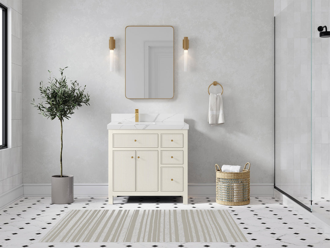 Sonoma 36 in. W x 22 in. D Left Offset Sink Bathroom Vanity in Alabaster with 2 in. Calacatta Laza Quartz Countertop - Front View