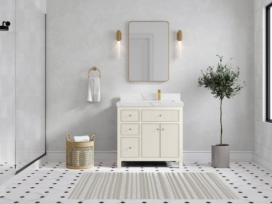Sonoma 36 in. W x 22 in. D Right Offset Sink Bathroom Vanity in Alabaster with 2 in. Calacatta Laza Quartz Countertop - Front View