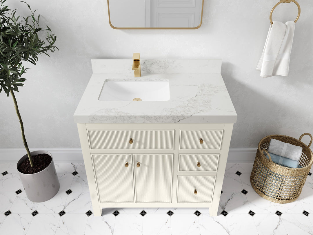 Sonoma 36 in. W x 22 in. D Left Offset Sink Bathroom Vanity in Alabaster with 2 in. Calacatta Nuvo Quartz Countertop - Top View