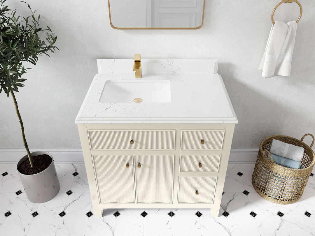 Sonoma 36 in. W x 22 in. D Left Offset Sink Bathroom Vanity in Alabaster with Double Cove Edge 1.5 in. Empira White Quartz Countertop - Front View