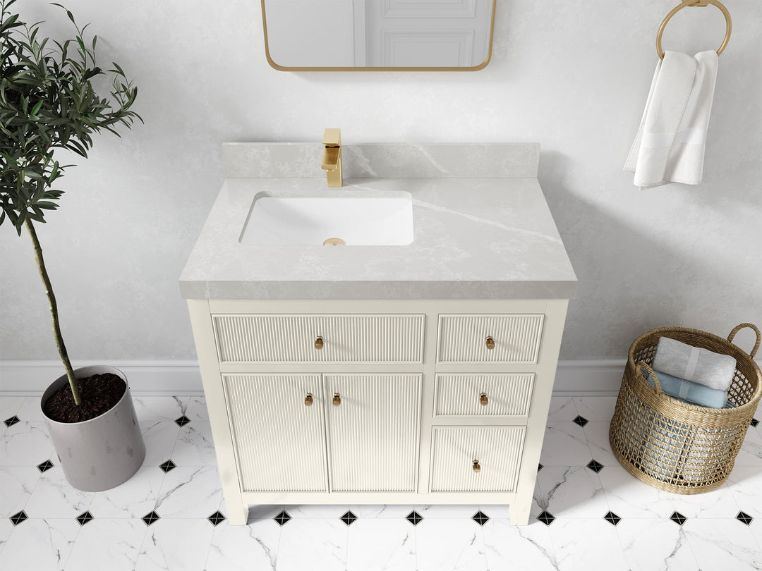 Sonoma 36 in. W x 22 in. D Left Offset Sink Bathroom Vanity in Alabaster with 2 in. Pearl Light Gray Quartz Countertop - Front View