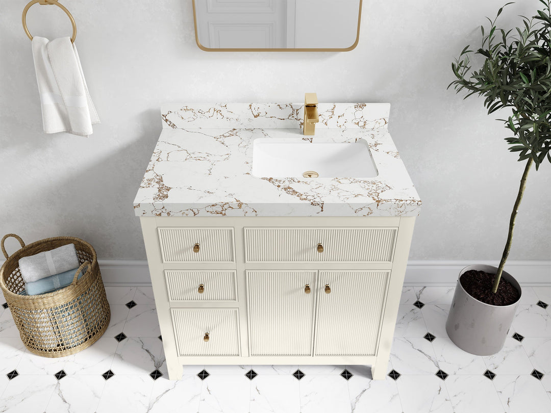 Sonoma 36 in. W x 22 in. D Right Offset Sink Bathroom Vanity in Alabaster with 2 in. Viola Gold Quartz Countertop - Top View
