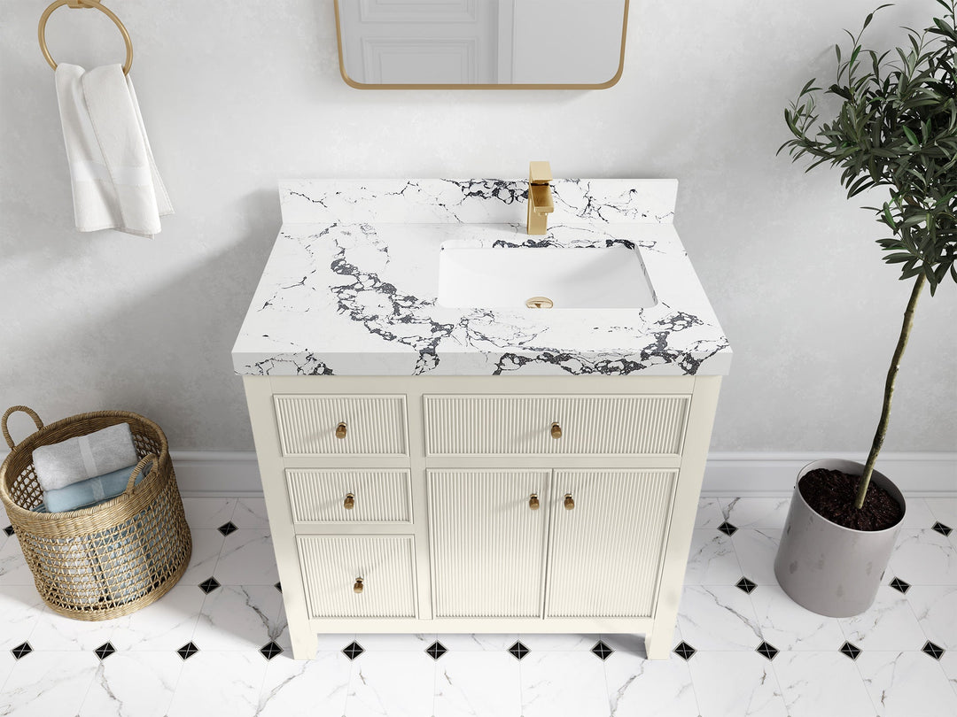 Sonoma 36 in. W x 22 in. D Right Offset Sink Bathroom Vanity in Alabaster with 2 in. Viola Night Quartz Countertop - Top View