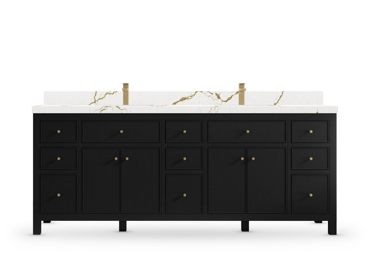 Sonoma 84 Black vanity with Berkshire Brass Quartz, Straight / Mitered, front view